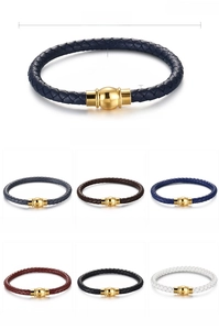 Detail of woven cowhide leather bracelets featuring magnetic gold clasps in multi-color options