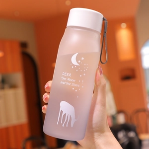 Frosted plastic water bottle detail showing white deer print and gray silicone strap