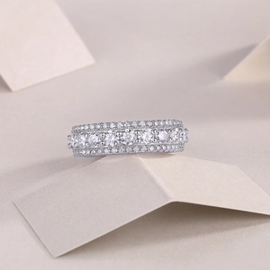 Close-up of S925 sterling silver eternity ring with round cut moissanite and micro-pave stones