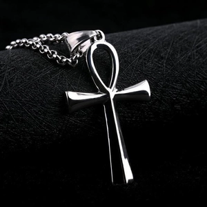 Polished silver stainless steel Egyptian Ankh cross pendant necklace on black background