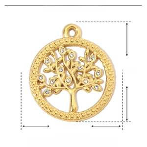 Macro view showing 23x20mm gold tree of life pendant with rhinestone specs