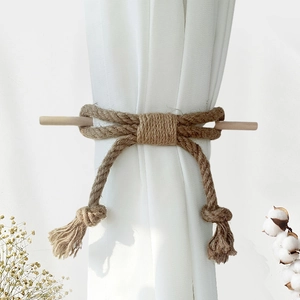 Nordic bow cotton rope curtain tieback with wooden pin and handmade tassel fringe