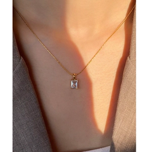 18k gold plated stainless steel necklace with emerald cut square zircon pendant