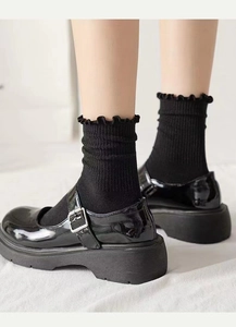 Detail von schwarzen Mary Janes kombiniert mit Rüschensocken für einen Vintage-Schul-Look