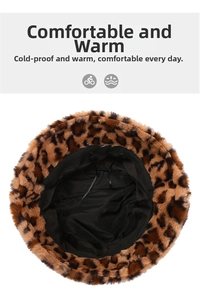 Detail view of leopard print faux fur bucket hat showing inner lining and adjustable drawstring