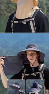 Detail of outdoor sun hat with detachable face cover and mesh breathable fabric