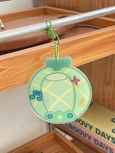 Mint green acrylic card holder pendant with START text and green lobster clasp detail