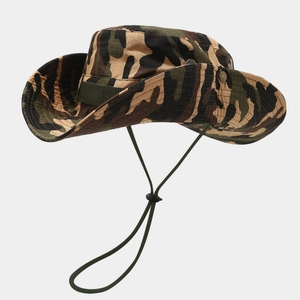 Detail of camouflage boonie hat showing metal air vents and adjustable chin strap