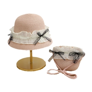 Ensemble chapeau de paille rose et sac pour fille avec nœuds en dentelle et volants