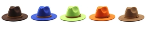 Flat lay of five colorful wool fedora hats with brown leather bands for autumn and winter