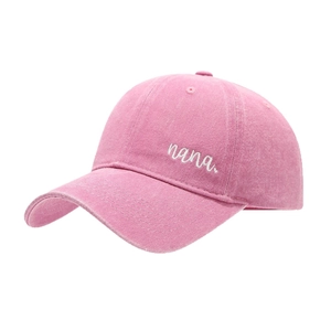 Pink washed cotton baseball cap with white nana embroidery for women outdoor leisure