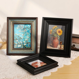 Vintage French picture frame set with embossed wood texture and artistic oil paintings