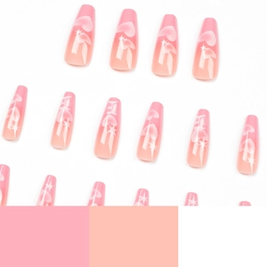 Pink gradient long coffin press-on nails with white heart and star pattern designs