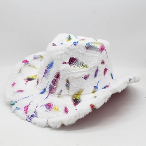 Macro view of white plush cowboy hat featuring shimmering colorful feather patterns
