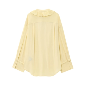 Back view of a light yellow pleated long sleeve shirt with elegant ruffled details