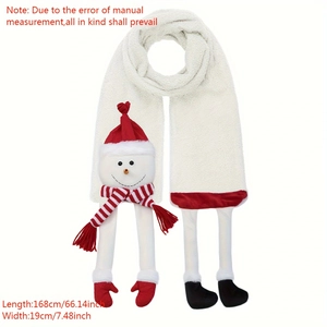 Detail of white faux fur Christmas scarf featuring 3D snowman head and decorative plush legs