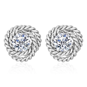 Vintage silver knot earrings with clear round cubic zirconia and polished finish