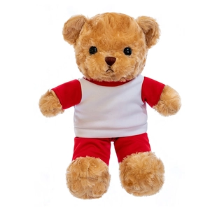Lindo peluche de oso de peluche con uniforme deportivo rojo y blanco en fondo blanco