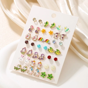 Set of 20 pairs of colorful animal and flower stud earrings on white card display