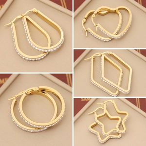 Stainless Steel Gold Plated Hoop Earrings Heart Star Water Drop Rhombus Round Shape Rhinestone Inlay Jewelry For Women