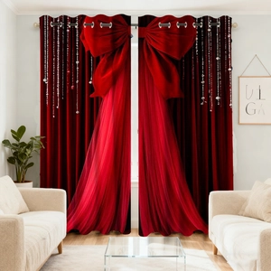 Elegante rote Samtvorhänge mit großen Schleifen und Perlenfransen für Weihnachtsdeko
