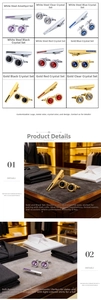 Macro shot of luxury men's crystal cufflinks and tie clip set in multiple color options