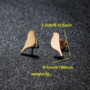 Golden stainless steel bird stud earrings showing dimensions of 1.2cm height and 2g weight