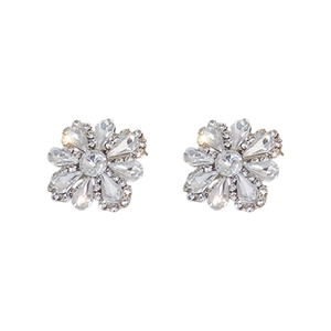 Elegant silver flower stud earrings with sparkling crystals and a central gemstone