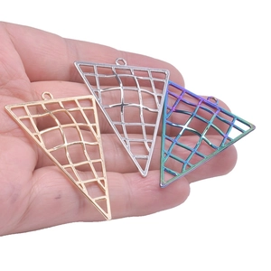 Three triangular stainless steel mesh pendants in gold, silver, and iridescent finishes