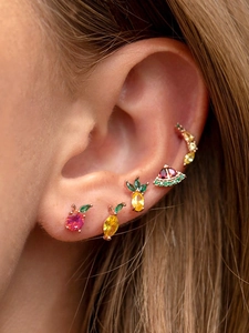 Detailed view of colorful fruit stud earrings set featuring zircon lemon and pineapple