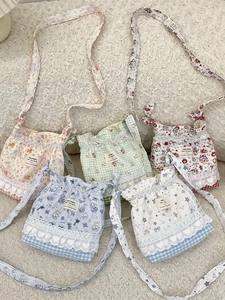 Cartoon Drawstring Crossbody Bag Polyester Canvas Lining Lace Heart Embroidery Sweet Zakka Style Women Girls Daily