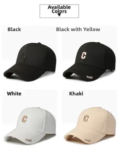 Detail view of baseball caps in black, white, and khaki with 3D letter C embroidery