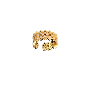 Elegant gold-plated wavy open ring with cubic zirconia stones for women's fashion