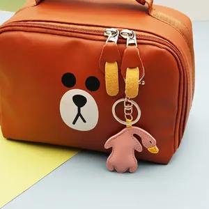 Braune PU-Leder Organizer-Tasche mit Bärengesicht und rosa Vogel-Anhänger Zubehör