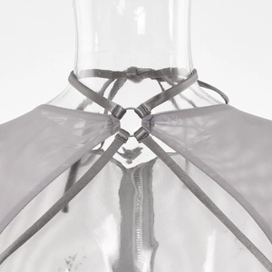Detail of the gray mesh top showing neck straps and metal ring connector on a mannequin