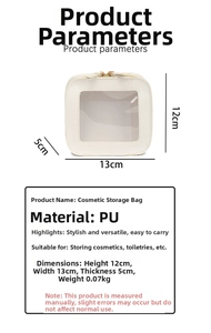 Clear window makeup bag detail showing compact 13x12x5cm PU design for daily essentials.