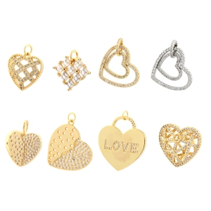 Detailed close-up of hollow heart pendants with micro-pave cubic zirconia and LOVE charms