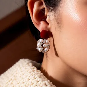 Vintage 18k gold plated earrings with red square studs and pearl pendant frame