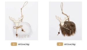 Detail of wool plush reindeer ornaments in white and brown with natural wood accents