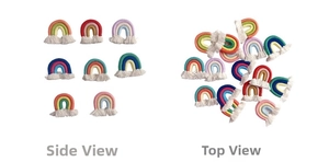 Macro detail of handmade rainbow cotton tassel pendants in various color sets