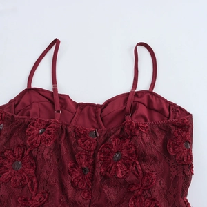 Elegant wine red lace party dress with sequins and 3D velvet flowers for women
