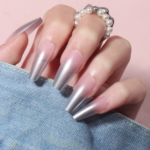 Long coffin nails with pink and silver gradient chrome finish shown on hands