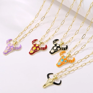 Golden paperclip chain necklaces with colorful bull head skeleton pendants in five colors