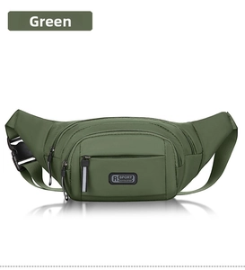 Detail view of water-resistant green multi-pocket waist bag with R SPORT logo