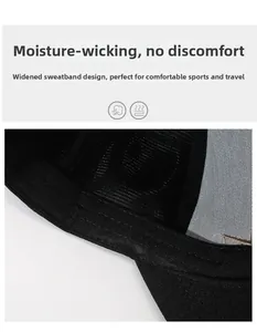 Detail of the widened sweatband with breathable mesh for moisture wicking on a black cap