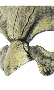 Macro shot of the distressed yellow texture and vintage finish on the demon half mask