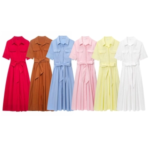 Detail view of the shirt dress waist belt and pleated A-line skirt in multiple colors