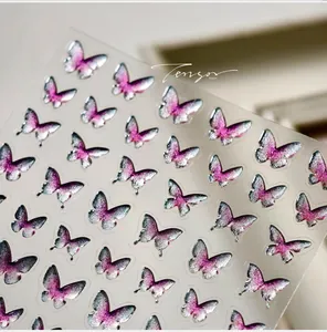 3D butterfly nail art sticker with purple gradient relief and silver glitter textures