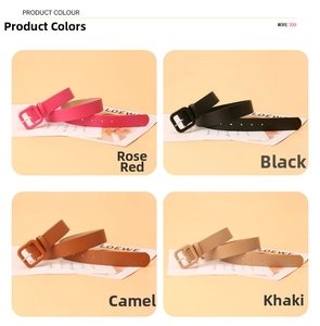 Detail of slim women's leather belts in rose, black, camel, and khaki with square buckles