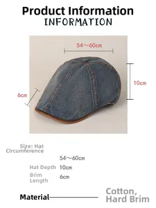 Detailed size chart for navy denim flat cap with measurements for brim, depth, and circumference